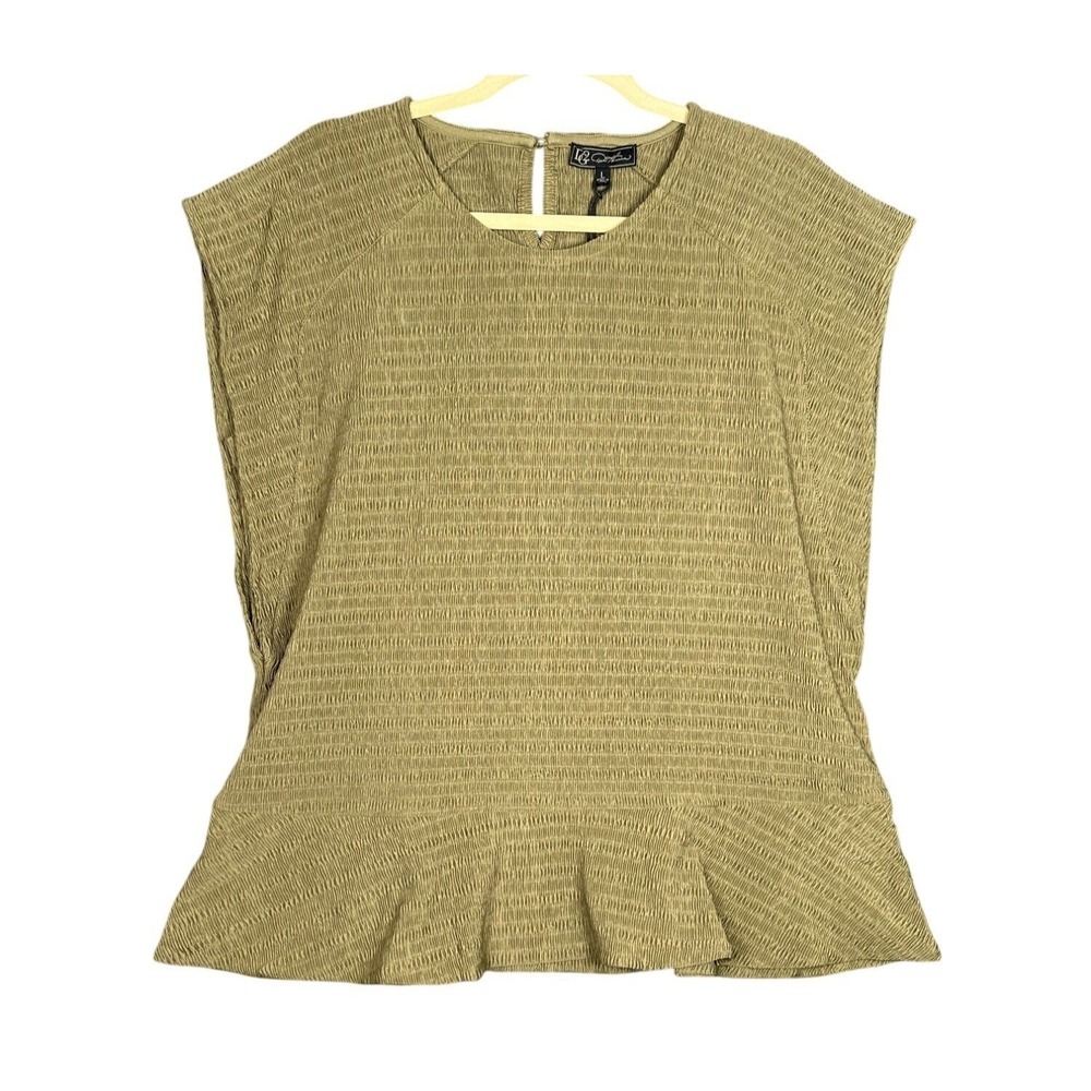 Diane Gilman Smocked Peplum Top Womens Large Olive Green Boho Textured